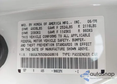 2008 Acura Tl Type S z USA, uszkodzony, nr VIN 19UUA76508A048616